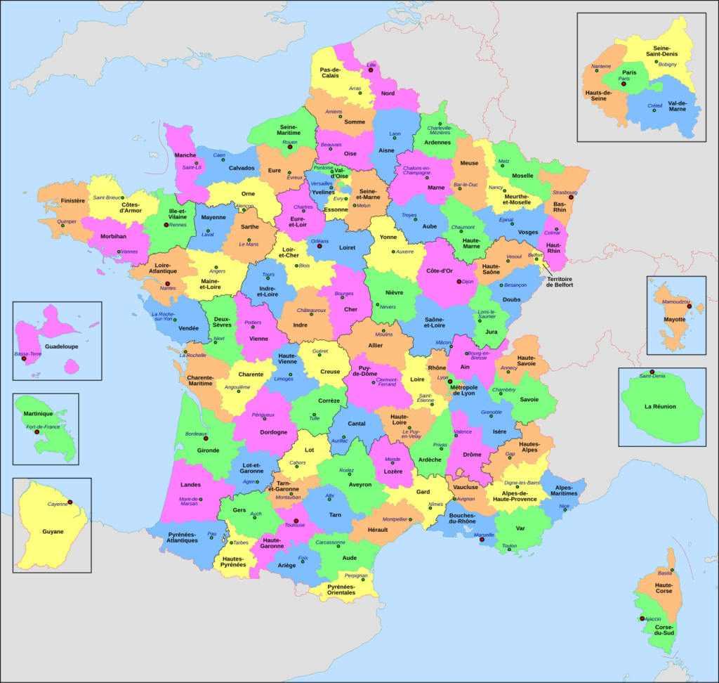 Before the French Revolution, France was divided into provinces. In 1789, the revolutionary government reorganised the country into administrative divisions called 'départements' (departments). THere are currently 101 departments in France.
Source: Nilstilar, CC BY-SA 4.0 , via Wikimedia Commons