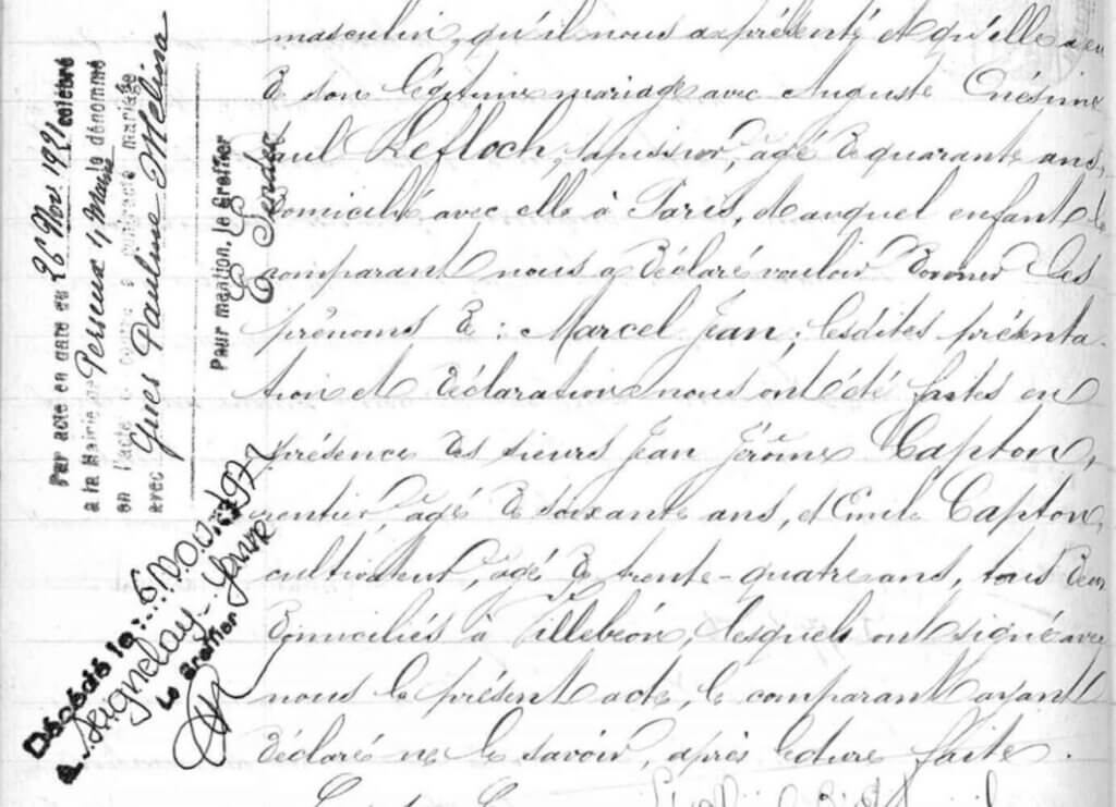 Extract from a French birth record. On the left are two marginal notes: one mentioning his marriage (including the name of his wife, and the date and place of the event), and the second providing information about the date and place of his death.
Source: Departmental Archives of Seine-et-Marne.