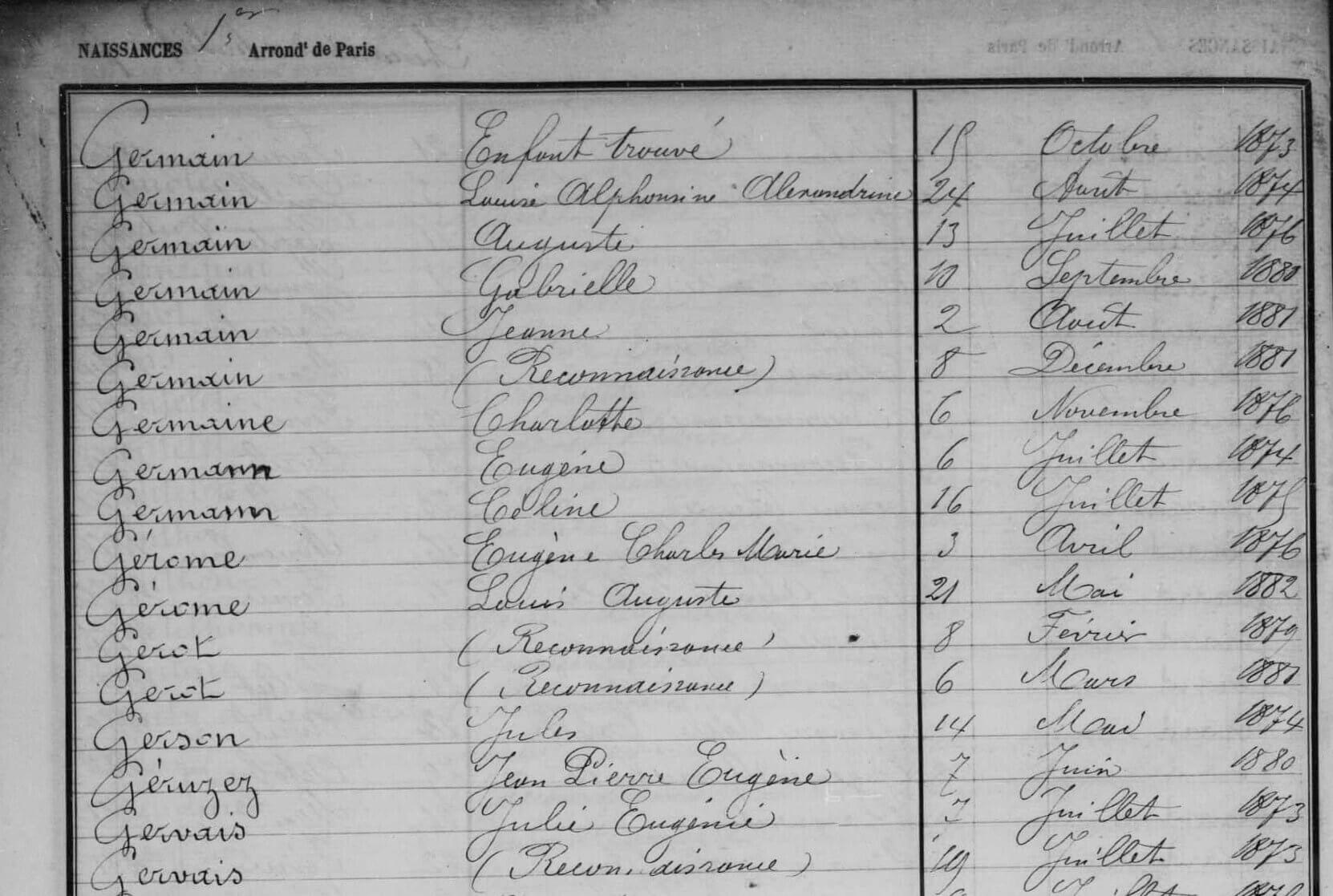 Extract from the birth ten-year index, 1873–1886, 1st arrondissement of Paris. One foundling (Enfant trouvé) and three acknowledgements of parentage (Reconnaissances) are visible.
Source: Paris Departmental Archives.