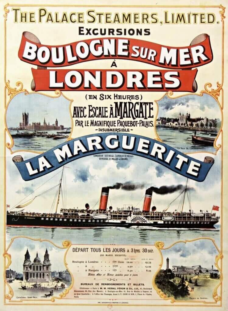 Colour lithograph travel poster from 1900 advertising steamship excursions between Boulogne-sur-Mer and London aboard La Marguerite. Large red and blue banners dominate the design, with illustrations of the steamship at sea and views of London landmarks including the Houses of Parliament, the Tower of London, St Paul’s Cathedral, and the Crystal Palace. The poster states that the crossing takes six hours with a stop in Margate and includes departure times and ticket prices.