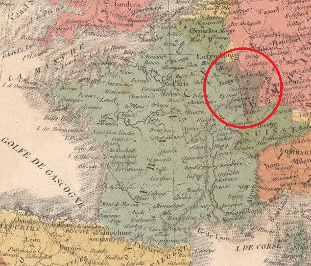 Detail from Théodore Lefèvre’s 1871 map Nouvelle carte d'Europe avec toutes les dernières annexions, showing Alsace-Lorraine.