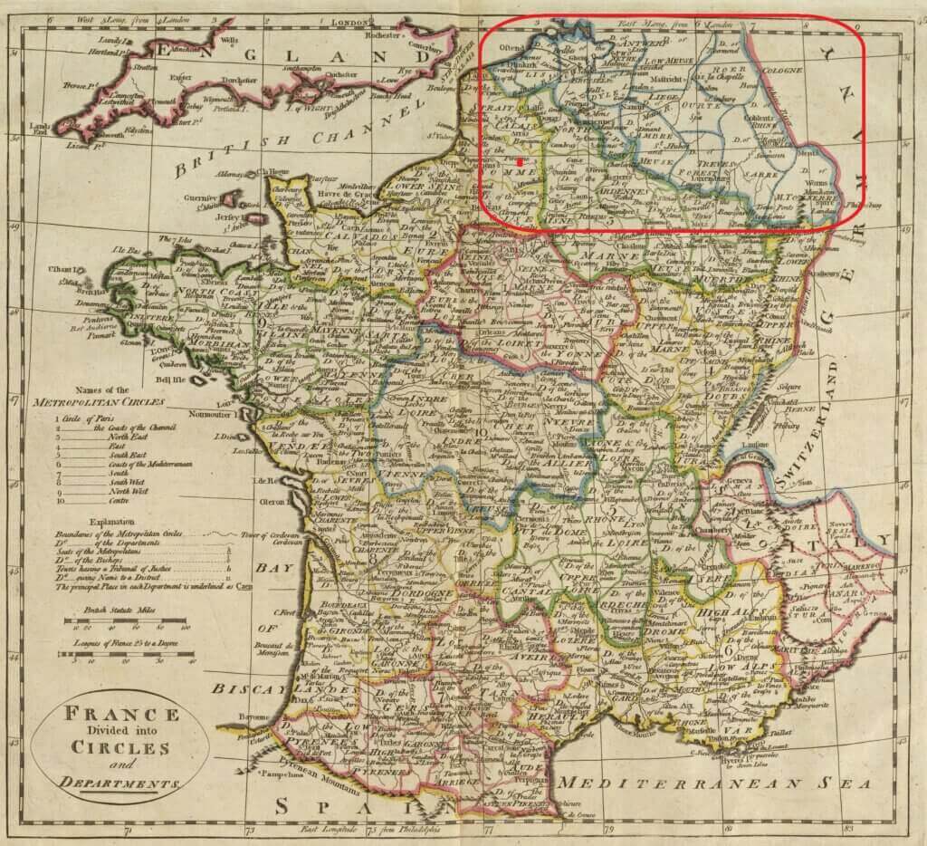 France Divided into Circles and Departments by Mathew Carey (1814), showing France during the final years of the Napoleonic Empire, when present-day Belgium formed part of French territory. Source: David Rumsey Map Collection.