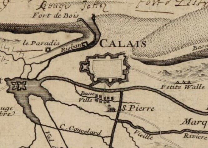 Detail from a 1709 historical map showing Calais and nearby settlements, including Saint-Pierre-lès-Calais before its merger with Calais in the nineteenth century.