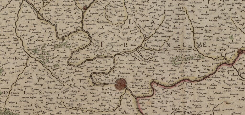 Detail of a map of Île-de-France showing the dense network of towns and villages in historical France, relevant to French genealogy and place name research.