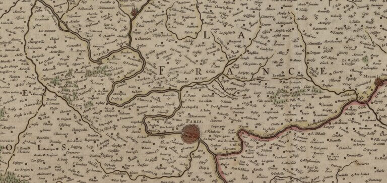Detail of a map of Île-de-France showing the dense network of towns and villages in historical France, relevant to French genealogy and place name research.