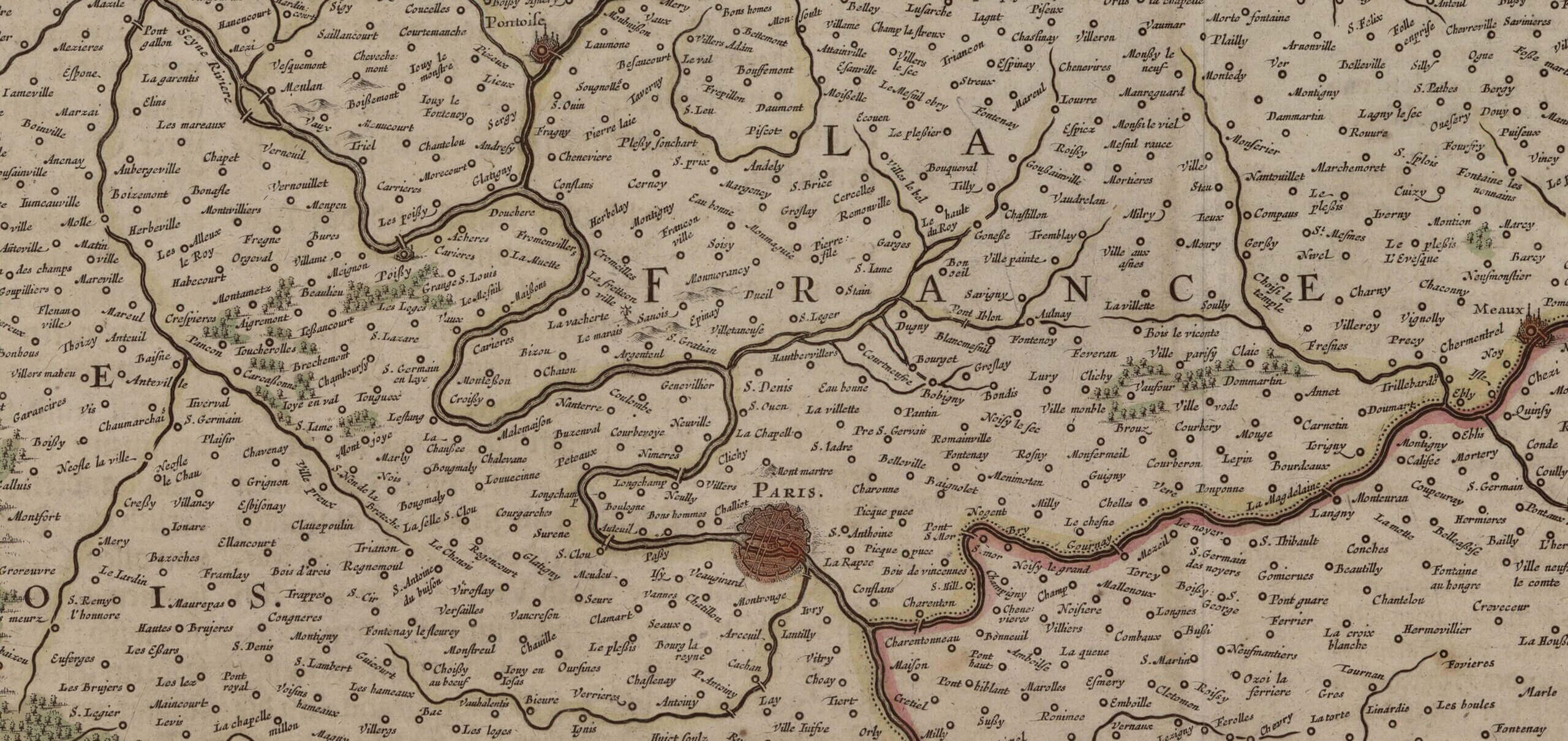 Detail of a map of Île-de-France showing the dense network of towns and villages in historical France, relevant to French genealogy and place name research.