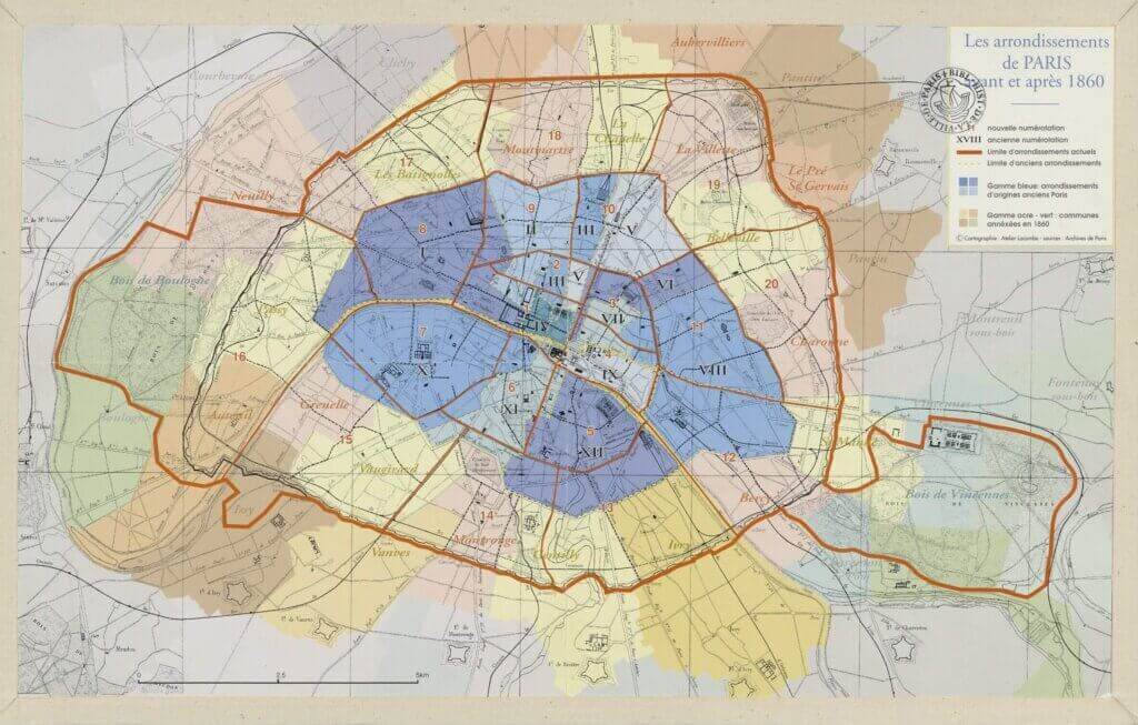 Historical map showing the parish boundaries of Paris and neighbouring communes before the 1860 expansion of the city, including Belleville, Grenelle and Vaugirard.